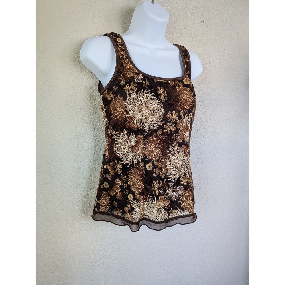 Y2K J.T.B. Floral Lace Tank Top Brown Sleeveless Casual Top Medium Earthy Mature